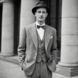 A portrait of a man in 1930s attire, showcasing the vintage fashion of that era