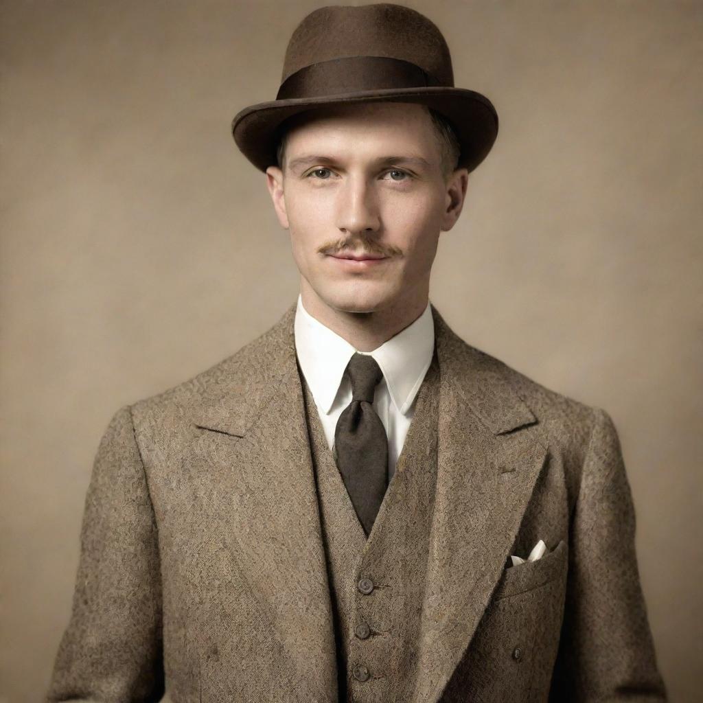 A portrait of a man in 1930s attire, showcasing the vintage fashion of that era