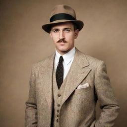 A portrait of a man in 1930s attire, showcasing the vintage fashion of that era