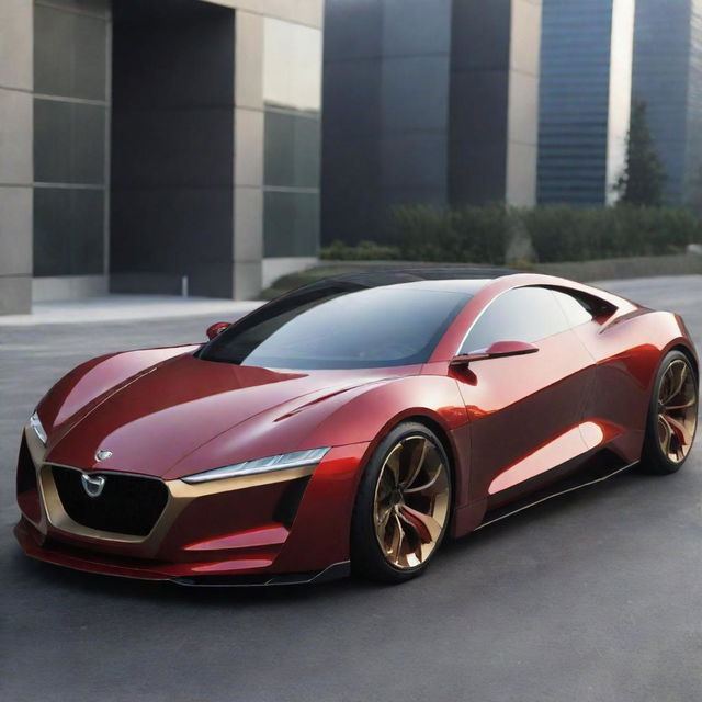 A sleek, futuristic car inspired by Iron Man, features incorporating the red and gold colour scheme and design elements from his armor.