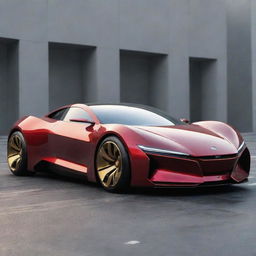 A sleek, futuristic car inspired by Iron Man, features incorporating the red and gold colour scheme and design elements from his armor.