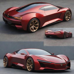 A sleek, futuristic car inspired by Iron Man, features incorporating the red and gold colour scheme and design elements from his armor.