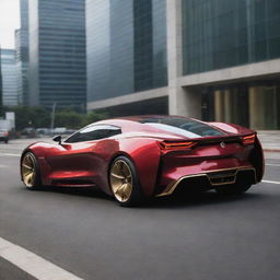 A sleek, futuristic car inspired by Iron Man, features incorporating the red and gold colour scheme and design elements from his armor.