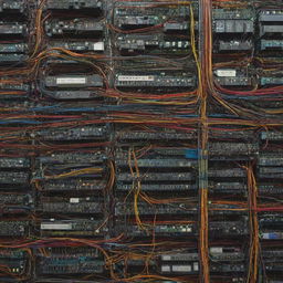 A network of complex wiring, featuring a myriad of variously coloured cables, connectors, and circuitry, forming a visually intricate technology masterpiece.