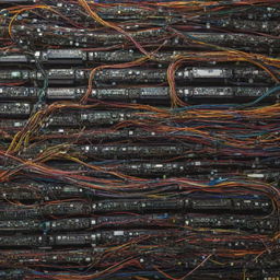 A network of complex wiring, featuring a myriad of variously coloured cables, connectors, and circuitry, forming a visually intricate technology masterpiece.