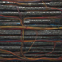 A network of complex wiring, featuring a myriad of variously coloured cables, connectors, and circuitry, forming a visually intricate technology masterpiece.