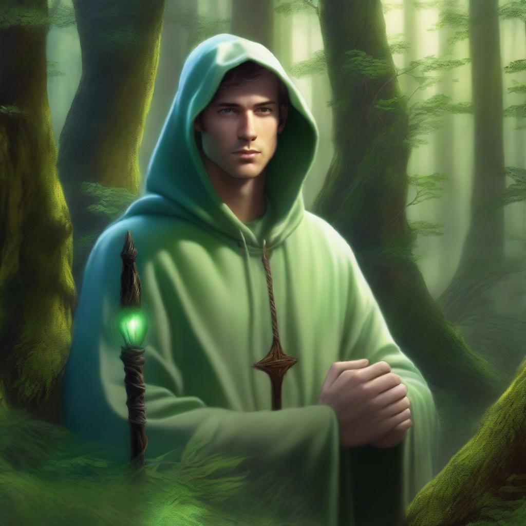 A high-quality, realistic digital art image of a young mentor in his mid-thirties, set in a fantasy backdrop