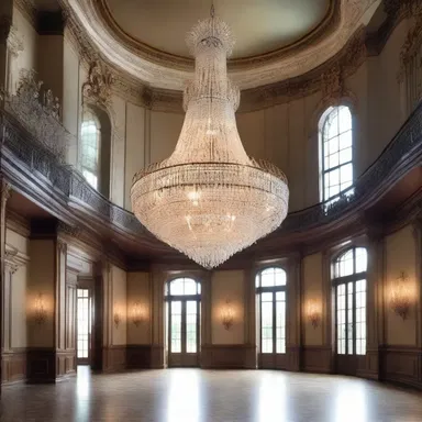 In the center of the grand hall, there is a magnificent chandelier that hangs from the ceiling, becoming the focal point of the room's design.