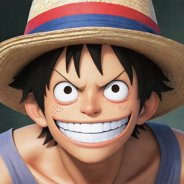 A dynamic image of Monkey D. Luffy from One Piece, wearing his signature straw hat, looking forward with a determined expression on his face.