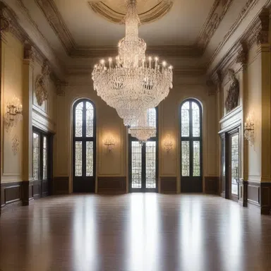 In the center of the grand hall, there is a magnificent chandelier that hangs from the ceiling, becoming the focal point of the room's design.