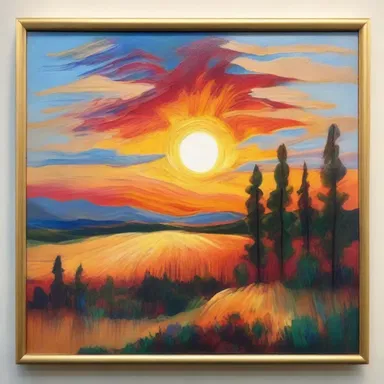 The artist's latest painting showcased a beautiful landscape with a vibrant sun shining directly in the center of the canvas.