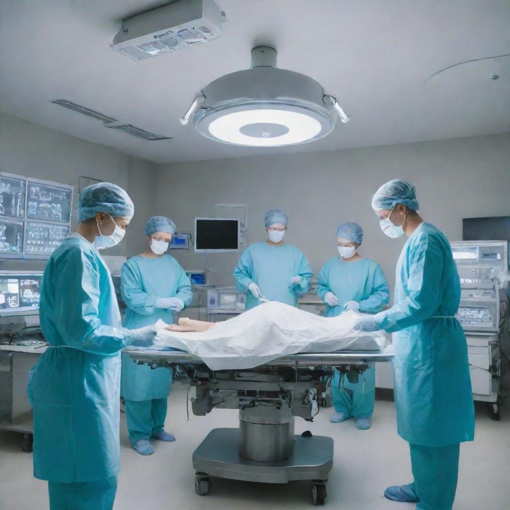 A sterile hospital operation room with a team of medical professionals performing a heart surgery using state-of-the-art equipment, under a bright surgical light