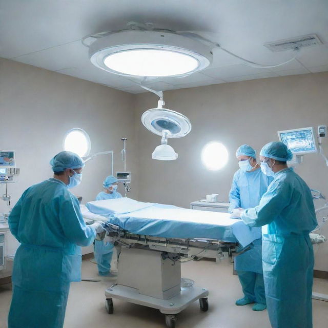 A sterile hospital operation room with a team of medical professionals performing a heart surgery using state-of-the-art equipment, under a bright surgical light