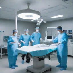 A sterile hospital operation room with a team of medical professionals performing a heart surgery using state-of-the-art equipment, under a bright surgical light