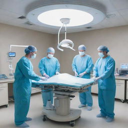 A sterile hospital operation room with a team of medical professionals performing a heart surgery using state-of-the-art equipment, under a bright surgical light