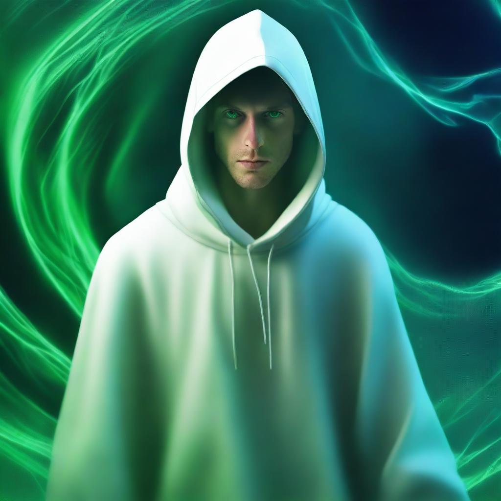 A high-quality, realistic digital art image depicting a young mentor in his mid-thirties, clothed in a white hood, with vivid green eyes