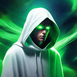 A high-quality, realistic digital art image depicting a young mentor in his mid-thirties, clothed in a white hood, with vivid green eyes