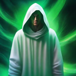 A high-quality, realistic digital art image depicting a young mentor in his mid-thirties, clothed in a white hood, with vivid green eyes