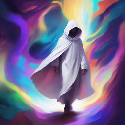 A high-quality digital art image that depicts a young mentor, in his mid-thirties, dressed in a white cloak with a hood, set in a fantasy universe