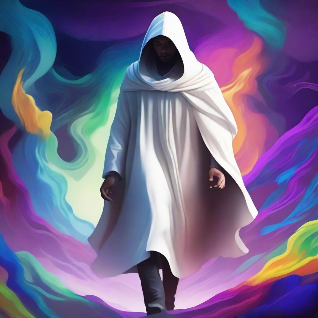 A high-quality digital art image that depicts a young mentor, in his mid-thirties, dressed in a white cloak with a hood, set in a fantasy universe