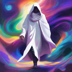 A high-quality digital art image that depicts a young mentor, in his mid-thirties, dressed in a white cloak with a hood, set in a fantasy universe