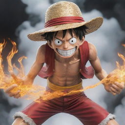 Monkey D. Luffy from One Piece, powering up into the fan-speculated Gear 5 form, his body enveloped in steam and aura emanating immense strength and determination.