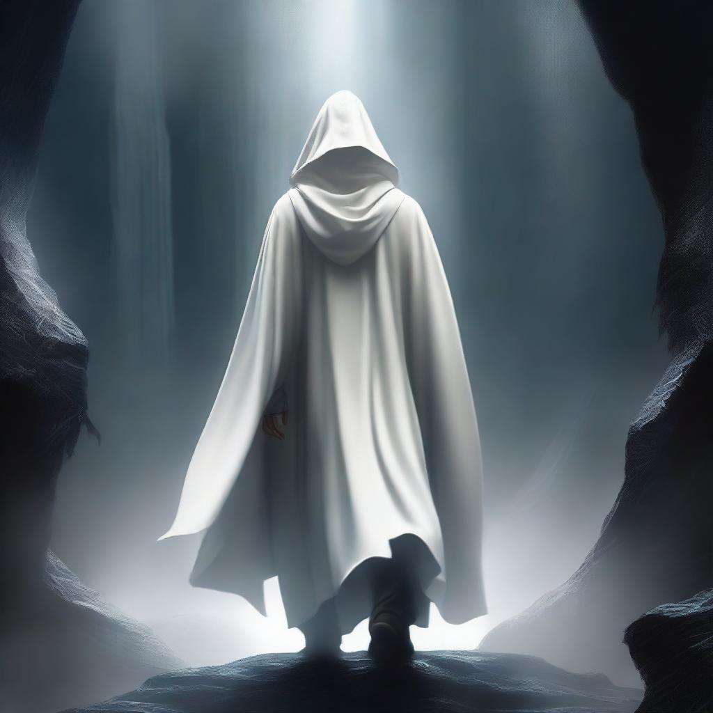 An outstanding digital art image, portraying a young mentor in his 35s, clad in a white cloak and hood, walking in the abyss between worlds