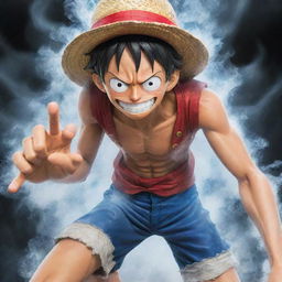 Monkey D. Luffy from One Piece, powering up into the fan-speculated Gear 5 form, his body enveloped in steam and aura emanating immense strength and determination.