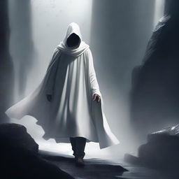 An outstanding digital art image, portraying a young mentor in his 35s, clad in a white cloak and hood, walking in the abyss between worlds