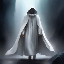 An outstanding digital art image, portraying a young mentor in his 35s, clad in a white cloak and hood, walking in the abyss between worlds