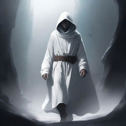 An outstanding digital art image, portraying a young mentor in his 35s, clad in a white cloak and hood, walking in the abyss between worlds