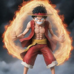 Monkey D. Luffy from One Piece, powering up into the fan-speculated Gear 5 form, his body enveloped in steam and aura emanating immense strength and determination.