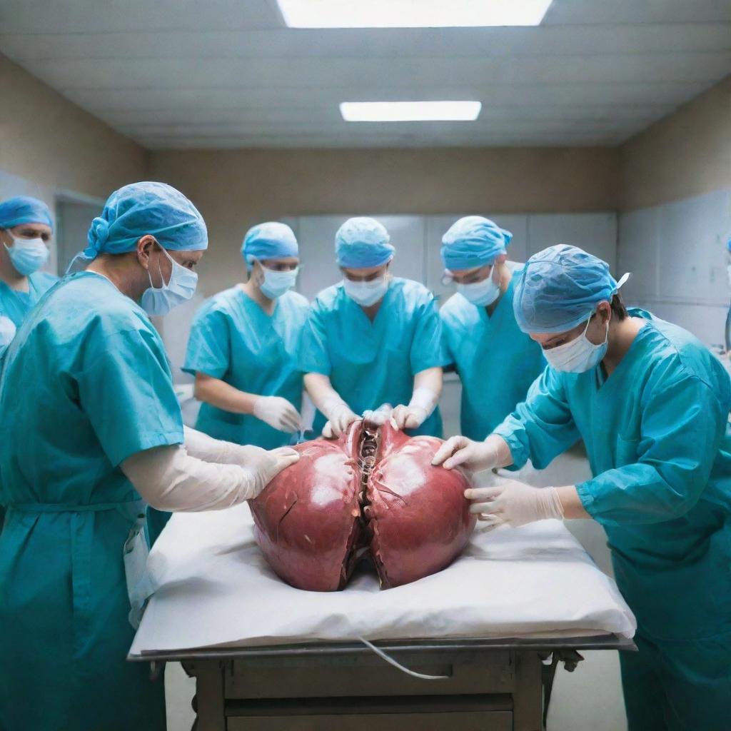 A frantic scene of an open-heart surgery in a brightly lit operation room. Surgeons and nurses move quickly, working under pressure to save a life