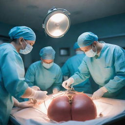 A frantic scene of an open-heart surgery in a brightly lit operation room. Surgeons and nurses move quickly, working under pressure to save a life