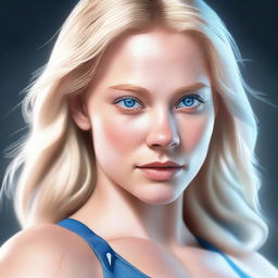 A digital art rendering of a blonde-haired woman with blue eyes