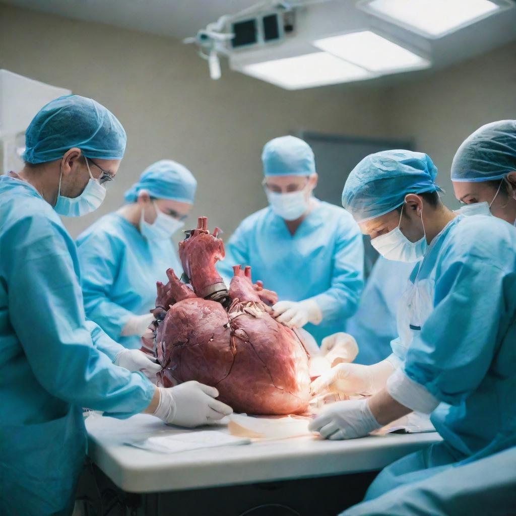 A frantic scene of an open-heart surgery in a brightly lit operation room. Surgeons and nurses move quickly, working under pressure to save a life