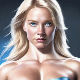 A digital art rendering of a blonde-haired woman with blue eyes