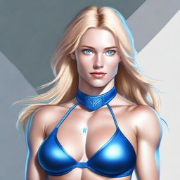 A digital art rendering of a blonde-haired woman with blue eyes