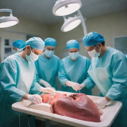 A frantic scene of an open-heart surgery in a brightly lit operation room. Surgeons and nurses move quickly, working under pressure to save a life