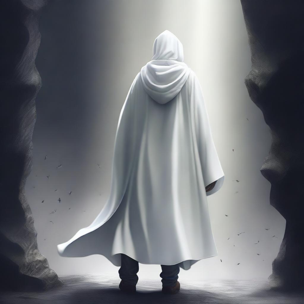 This is a striking digital art image, illustrating a young mentor in his 35s, adorned in a white cloak and hood, walking in the abyss between worlds