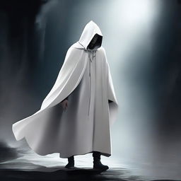 This is a striking digital art image, illustrating a young mentor in his 35s, adorned in a white cloak and hood, walking in the abyss between worlds