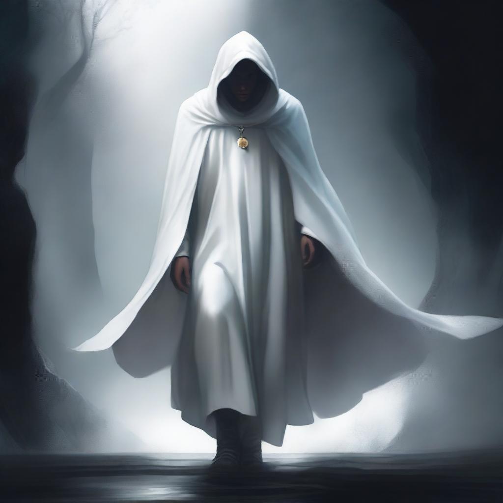 This is a striking digital art image, illustrating a young mentor in his 35s, adorned in a white cloak and hood, walking in the abyss between worlds