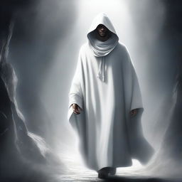 This is a striking digital art image, illustrating a young mentor in his 35s, adorned in a white cloak and hood, walking in the abyss between worlds