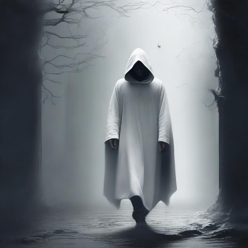 A captivating digital art image depicts a young mentor in his mid-30s, cloaked in a white hood, walking in the abyss between worlds