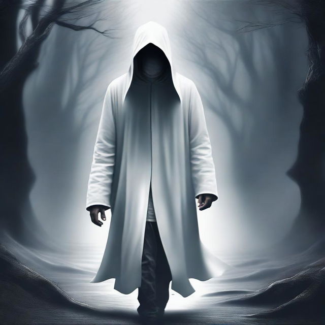 A captivating digital art image depicts a young mentor in his mid-30s, cloaked in a white hood, walking in the abyss between worlds