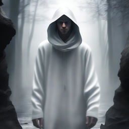 A captivating digital art image depicts a young mentor in his mid-30s, cloaked in a white hood, walking in the abyss between worlds