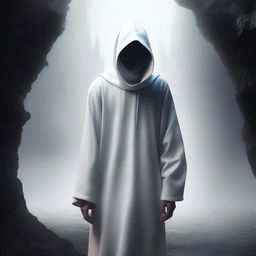 A captivating digital art image depicts a young mentor in his mid-30s, cloaked in a white hood, walking in the abyss between worlds