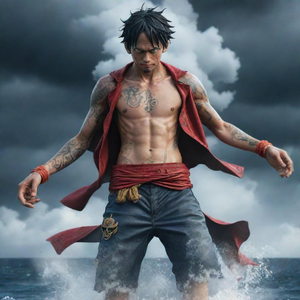 An aesthetically enhanced version of Monkey D. Luffy from One Piece in his speculated Gear 5 form, with intricate tattoos of pirate symbols, steam swirling around him and a backdrop of a stormy sea under a dramatic sky.