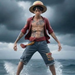 An aesthetically enhanced version of Monkey D. Luffy from One Piece in his speculated Gear 5 form, with intricate tattoos of pirate symbols, steam swirling around him and a backdrop of a stormy sea under a dramatic sky.