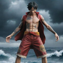 An aesthetically enhanced version of Monkey D. Luffy from One Piece in his speculated Gear 5 form, with intricate tattoos of pirate symbols, steam swirling around him and a backdrop of a stormy sea under a dramatic sky.